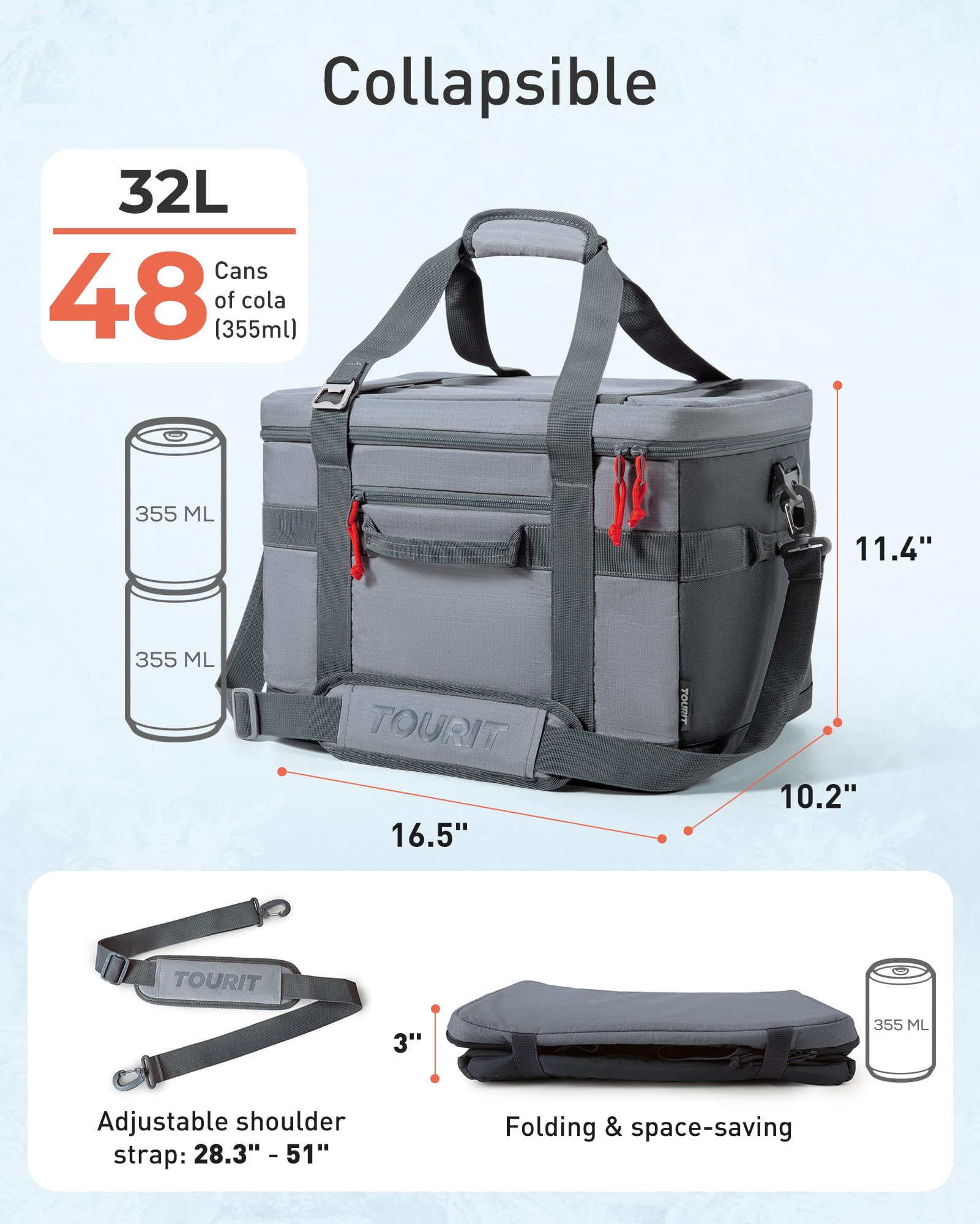 TOURIT Soft Sided Cooler Bag 30/48/60Can, Collapsible & Leakproof Ice Chest