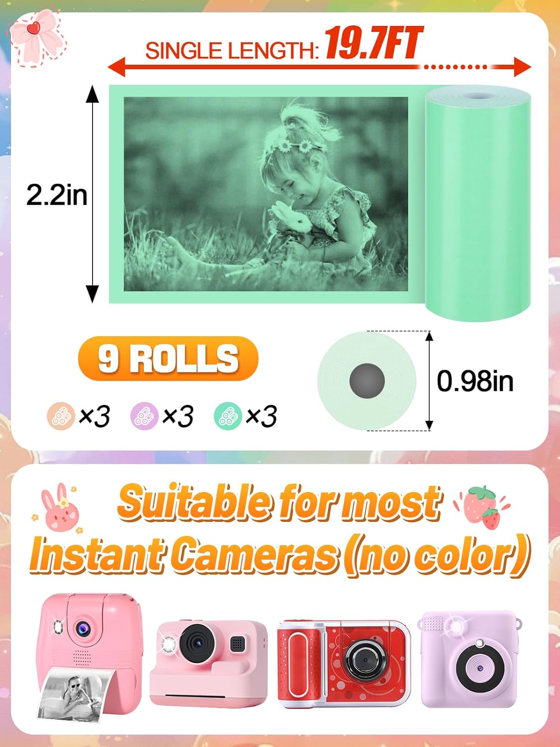 9 Rolls Kids Instant Camera Print Refill Paper- Photo Printer Thermal Paper Rolls for 4 5 6 7 8 9 10 Year Old Girls Boys Birthday Gifts, Blue, Pink, Yellow