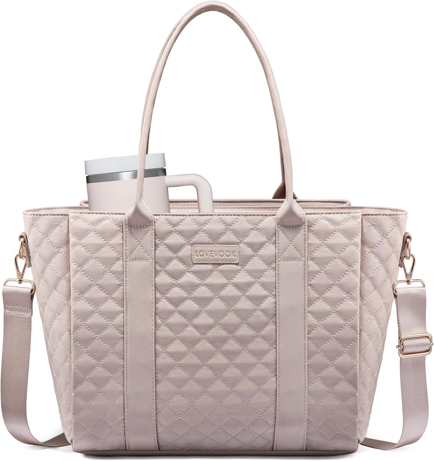 LOVEVOOK Laptop Bag for Women，Work Bag Teacher Tote Bag With Large Cup Holder, Quilted Crossbody bag with Zipper for Travel
