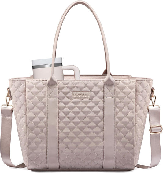 LOVEVOOK Laptop Bag for Women，Work Bag Teacher Tote Bag With Large Cup Holder, Quilted Crossbody bag with Zipper for Travel