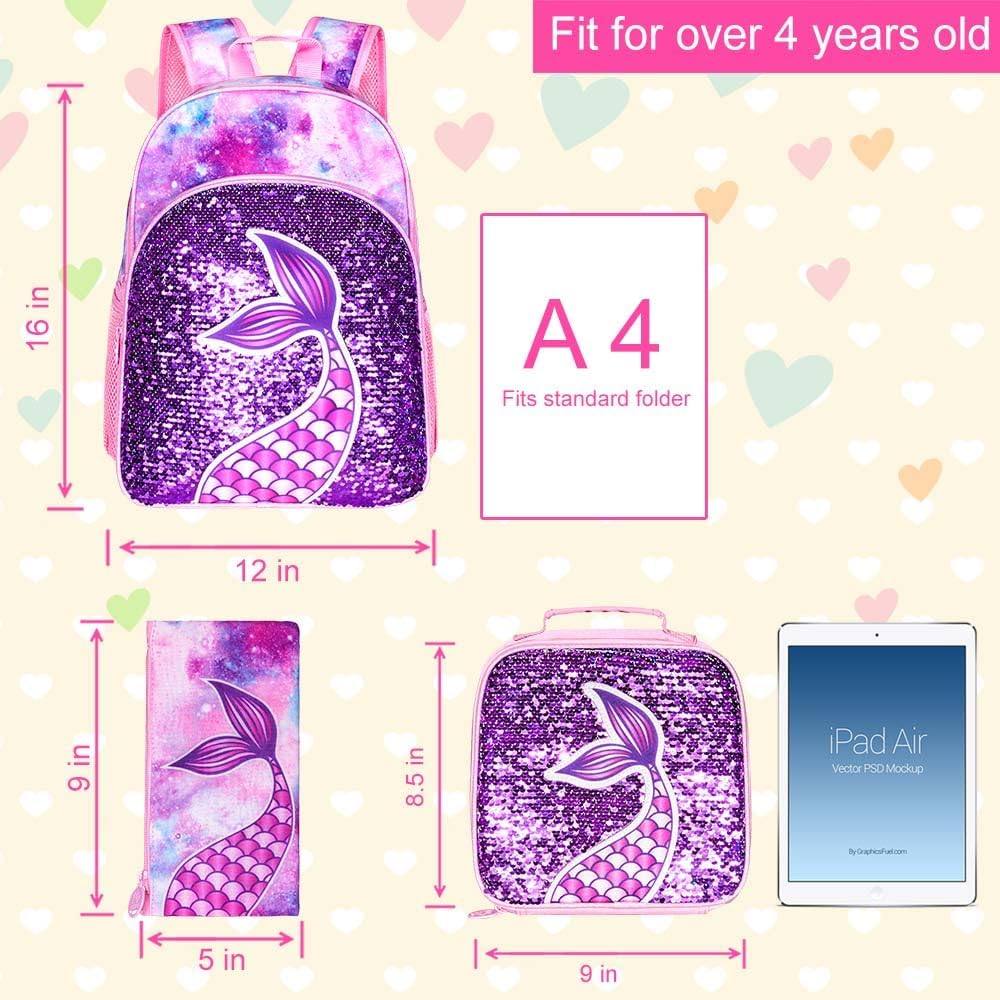 3PCS Kids Backpacks for Girls, 16" Little Kid Preschool School Bookbag and Lunch Box - Unicorn/Mermaid/Flamingo