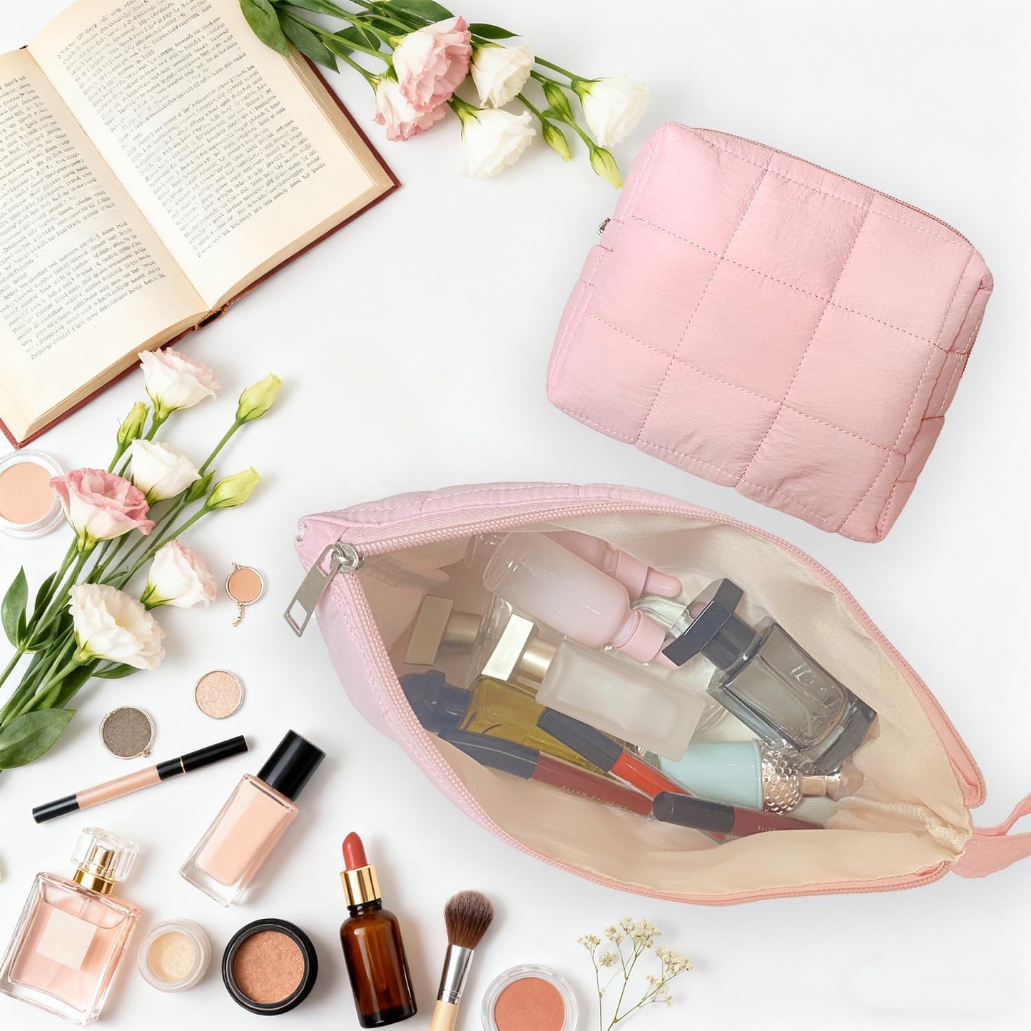Pink Puffy Puffer Makeup Bag for Purse Small Makeup Pouch Quilted Cosmetic Bag Cute Cotton Toiletry Pouch Bag for Women