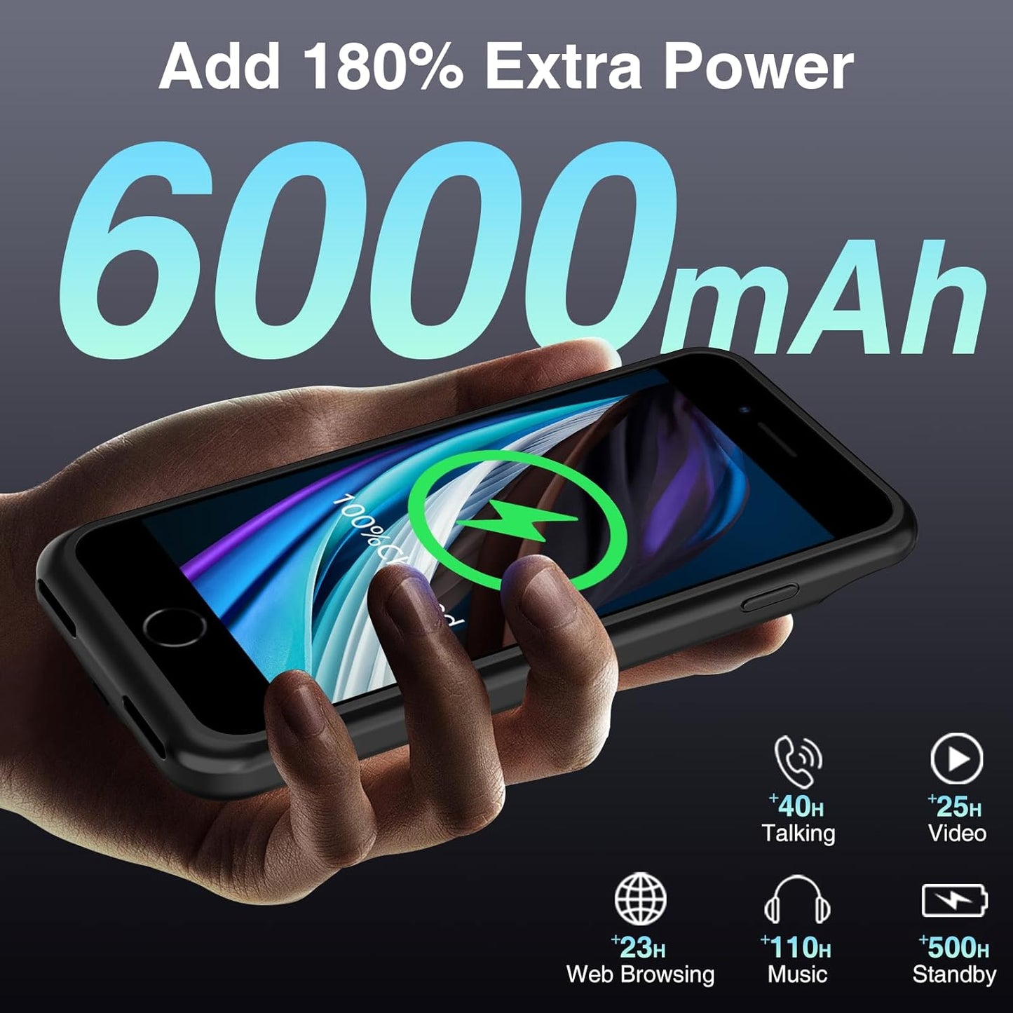 GIN FOXI Battery Case for iPhone SE(22nd/20nd)/8/7/6/6s,Ultra Slim Charging Case Charger 6000mAh Powerful Rechargeable Battery Pack for iPhone 8/7/6s/6/SE(2nd/3nd)-4.7" Black