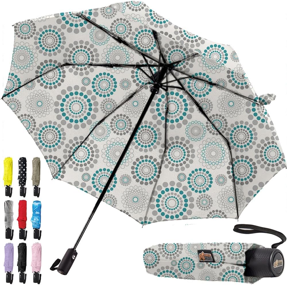 GORILLA GRIP Strong Windproof Stick Compact Umbrella for Rain, One-Click Automatic Open and Close, Durable Quick Dry Waterproof Material, Lightweight and Portable, Travel Size Fits Backpack, Spiral