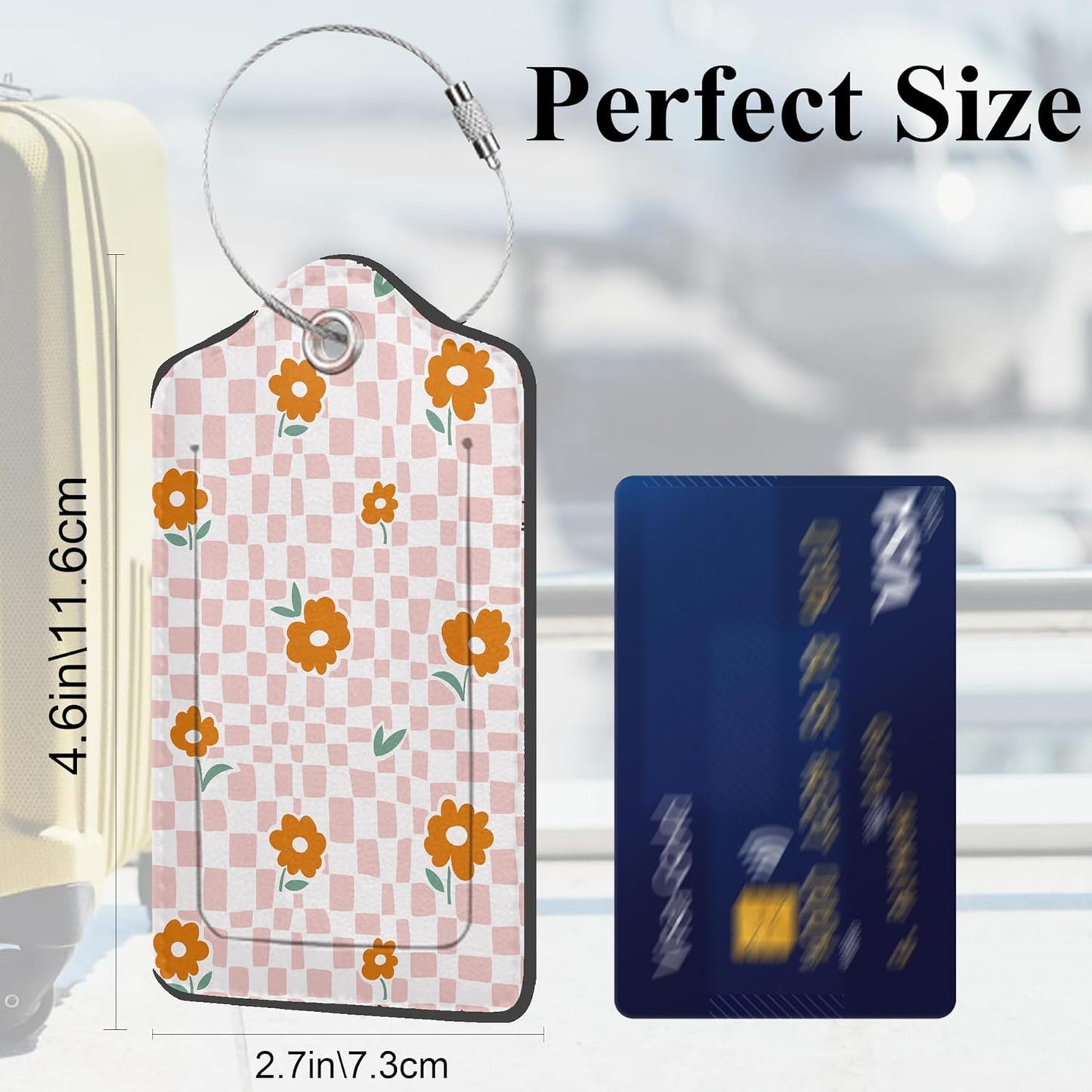 Stylish Floral Checkered Luggage Tags, 2 Pack Travel Cruise Tags for Suitcases, Cute Identifiers with Privacy Flap, Baggage Tag for Women Men Backpack Handbag