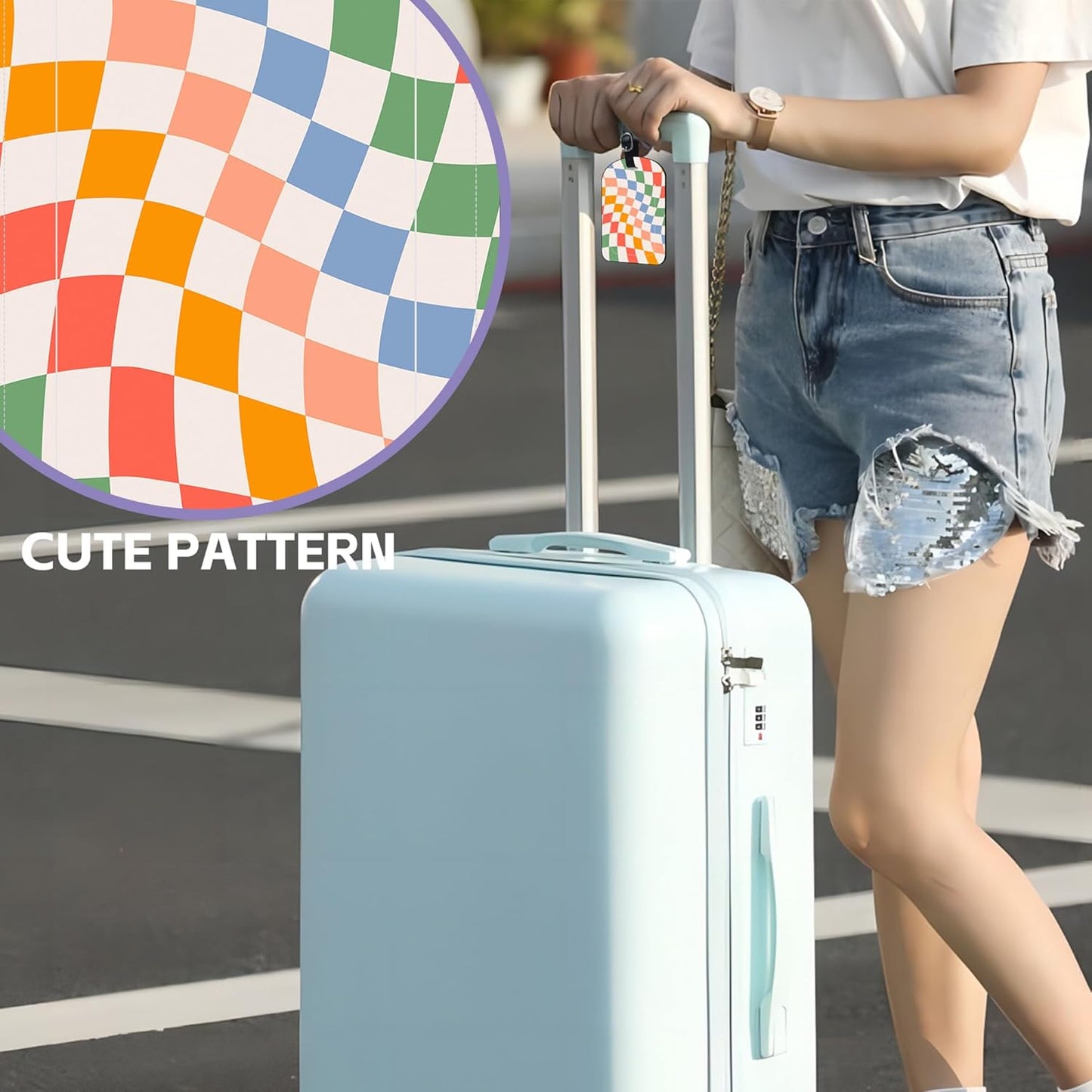 2 Pack Luggage Tags Retro Psychedelic Checkerboard PU Leather Baggage Handbag Suitcase Tags with Secure Strap Privacy Cover ID Labels,Business Travel Baggage Tag Identifier
