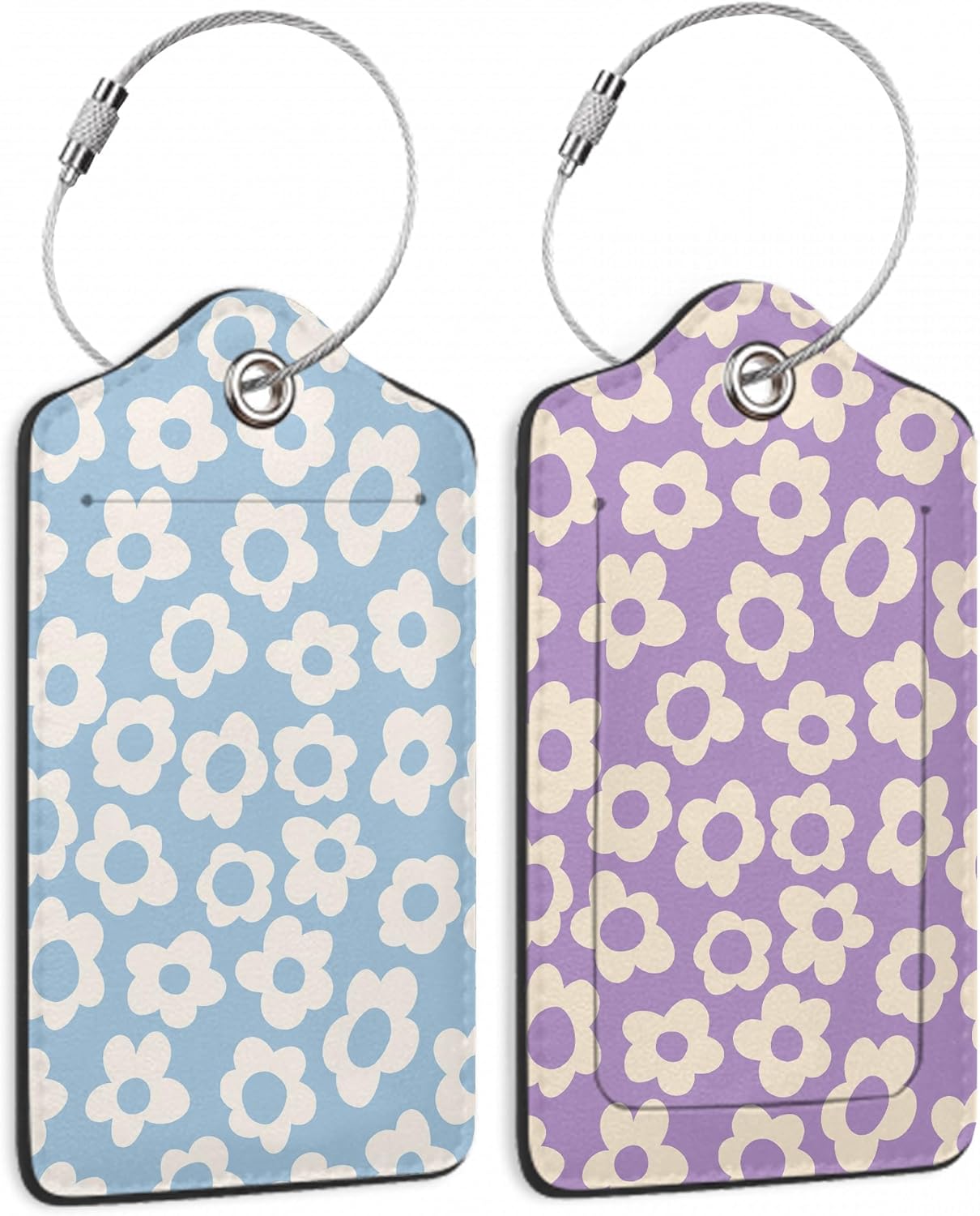 Vintage Groovy Flowers 2 PCS Luggage Tags, Privacy Cover ID Label with Stainless Steel Loop and Address Card for Travel Bag Suitcase