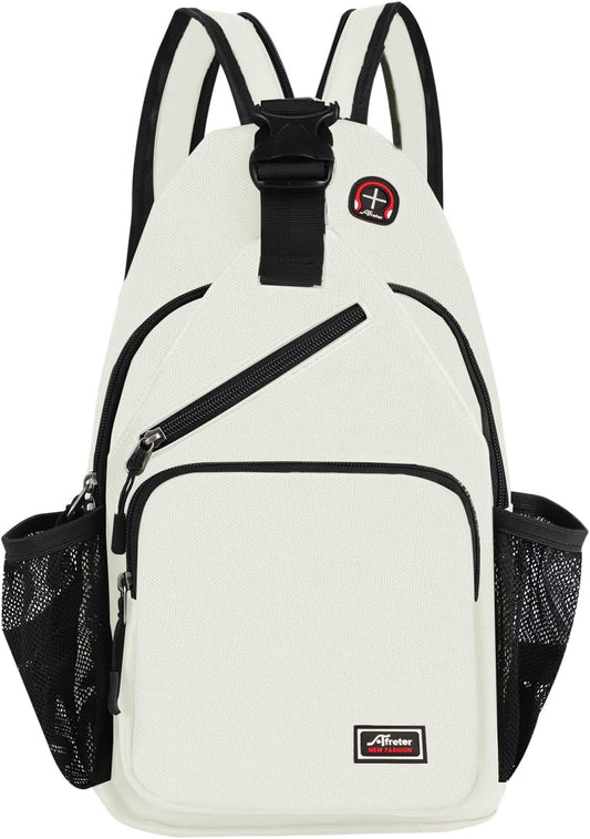Crossbody Sling Backpack Men and Women Sling Bag Shoulder Backpack Travel Hiking Chest Bag Daypack (White)