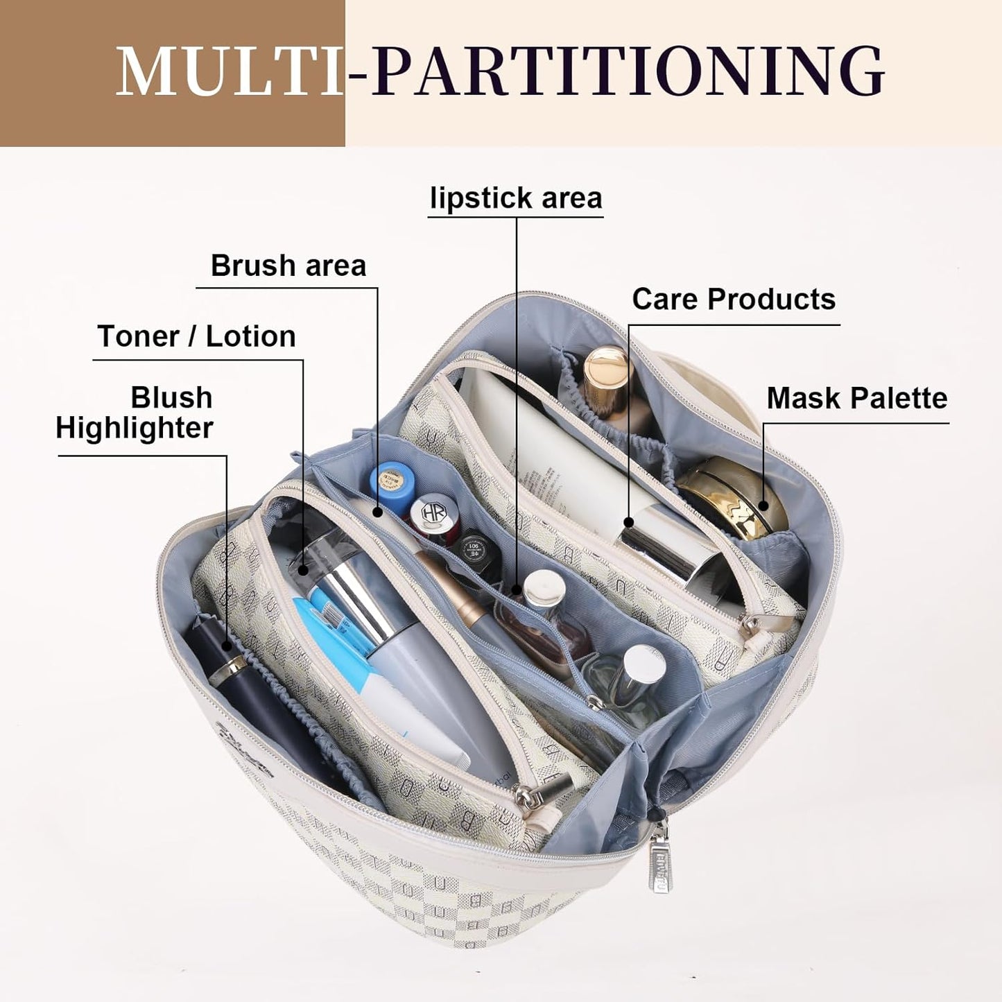 BOYATU Travel Makeup Bag Cosmetic Bags for Women: 3 Pcs Set Portable Make up Bag with Handle - Vegan Leather Toiletry Bags with Compartments - Makeup Organizer for Travel Essentials(C-4-Beige)