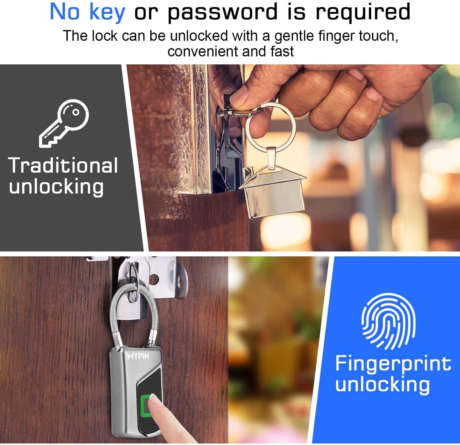Fingerprint Lock with Key Backup, Smart keyless Waterproof Fingerprint Padlock Ideal for Gym, Door
