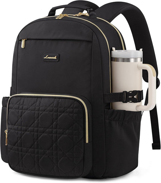 LOVEVOOK Laptop Backpack for Women with Pouch Pocket for Large Capacity Cup,17 Inch Teacher Nurse College Work Backpack Purse,Waterproof Laptop Bag Computer Back Pack for Travel,Black+Wicker pattern