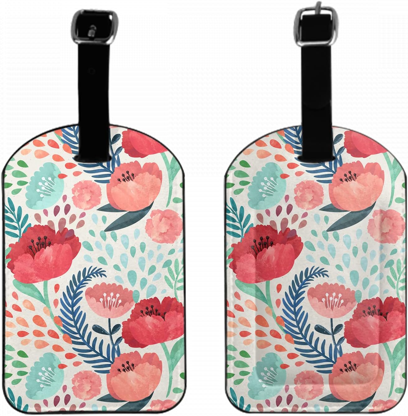 Colorful Flowers Travel Bag Tag Green Leaves Plants Beauty PU Leather Name ID Labels with Privacy Cover for Men Women Suitcase, 1 Pack