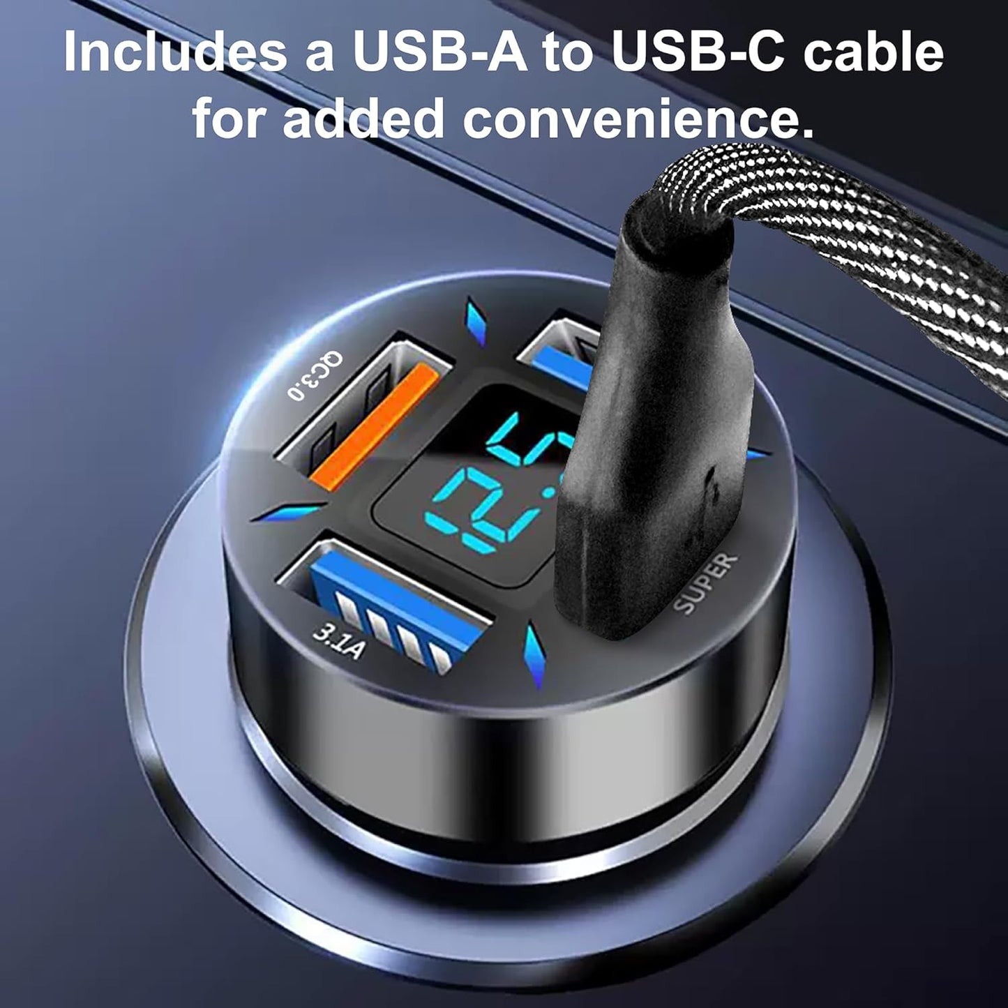 31W 4-Port Cigarette Lighter Car Charger with Fast Charging with 3FT USB-ATO USB-C Cable, 4in1 Cigarette Lighter Car Charger Compatible with iPhone 15/16, iPad Pro, Galaxy S24/23 and More