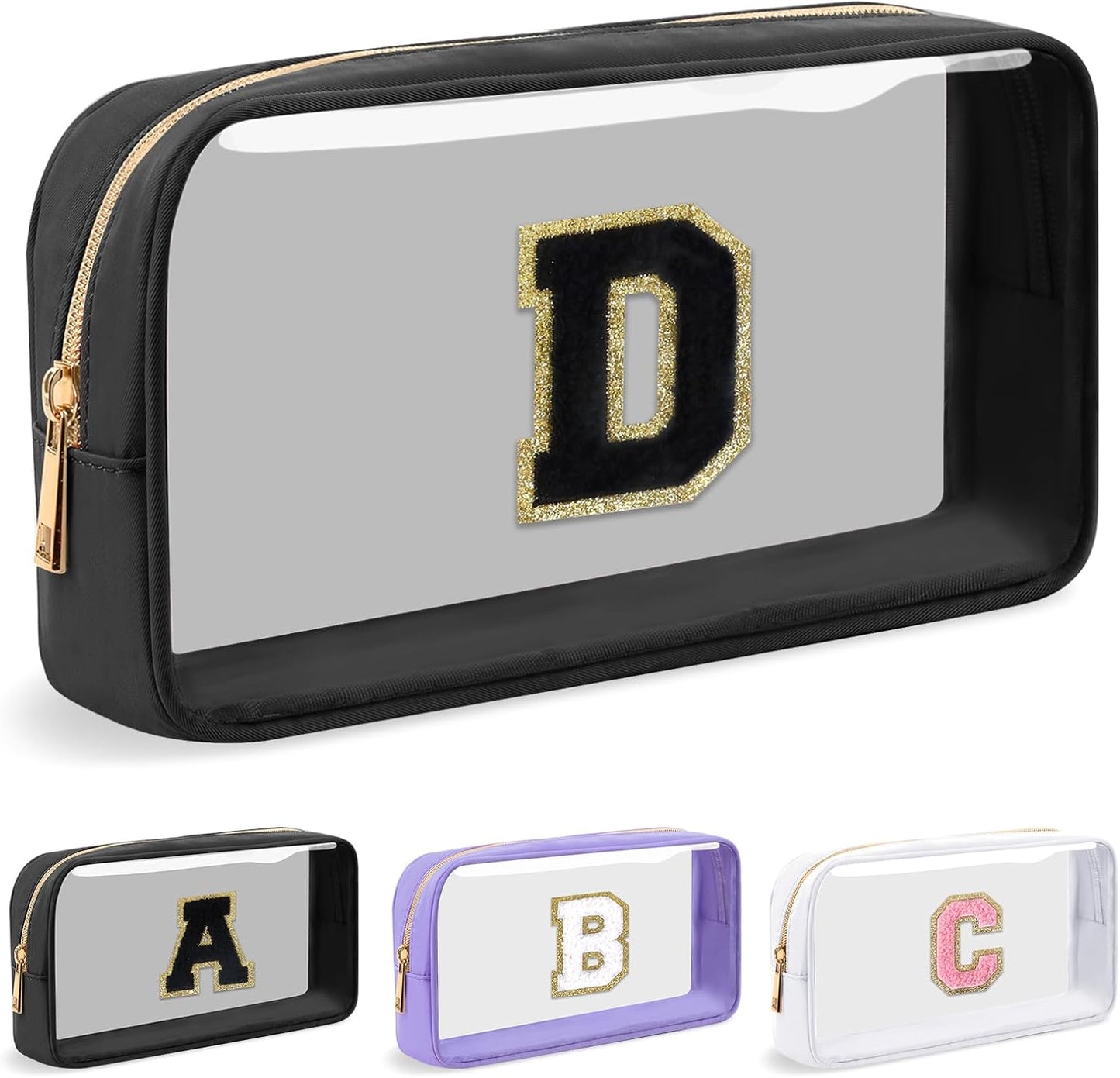 Personalized Initial Letter Clear Makeup Bag,Preppy Small Nylon&PVC Cosmetic Zipper Bag with Chenille Letter,Travel Skincare Toiletry Bag,Monogram Christmas Gift for Teen Girls Women,D