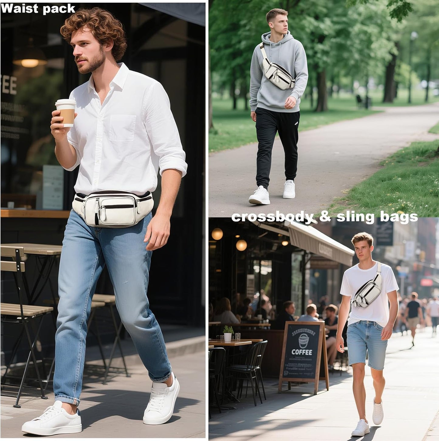 Genuine Leather Fanny Pack large capacity Crossbody Waist Bag with Zipper phone Pockets white