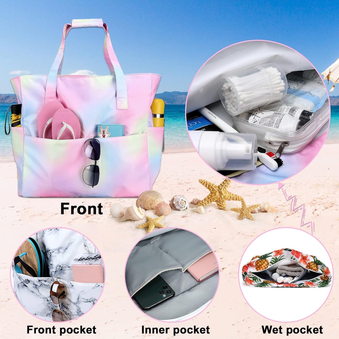 Beach Pool Bags Tote for Women Ladies Large Gym Tote Carry On Bag With Wet Compartment for