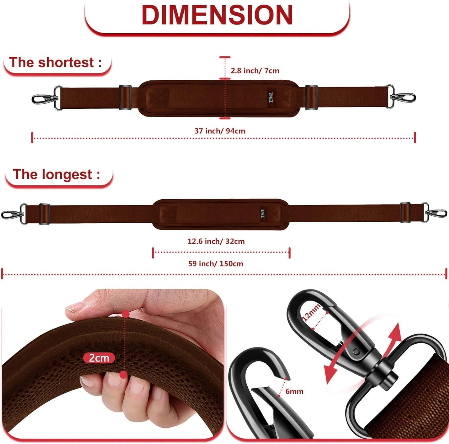 ZINZ Shoulder Strap - 59 Inch Universal Heavy-duty Adjustable Strap with Ultra-thick Fixed Breathable Pad for Laptop, Gym, Camera Bag and More -Brown