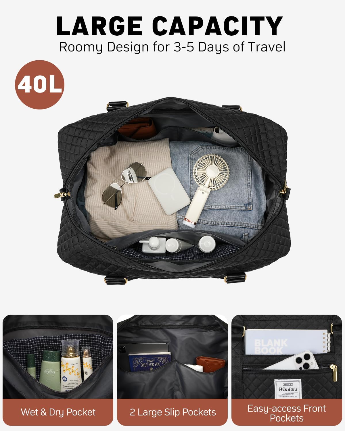 Travel Duffle Bag, Weekender Bags for Women with Shoe Compartment, Carry on Overnight Bag with Toiletry Bag & Wet Pocket, Hospital Bags for Labor and Delivery (Black)