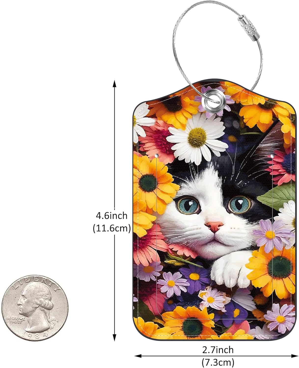 Luggage Tags for Suitcase Cute Cat and Flower 2 PCS Leather Travel Luggage Tag with Stainless Steel Loop Name ID Label Privacy Cover for Women Men Travel