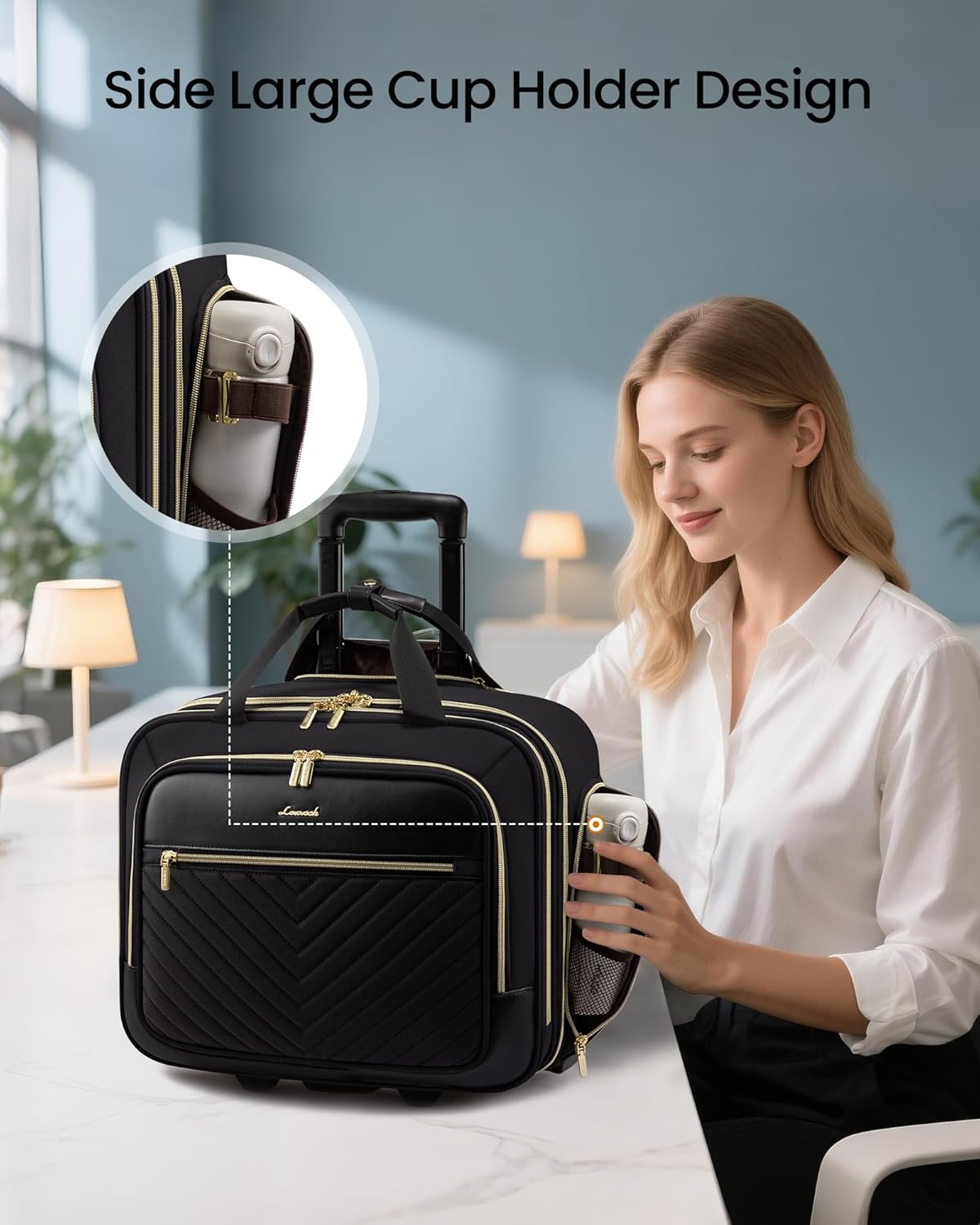 LOVEVOOK Rolling Laptop Bag Women, 17.3 Inch Laptop Briefcase with Wheels for Work Travel Business, Underseat Carry On Luggage Case,Black