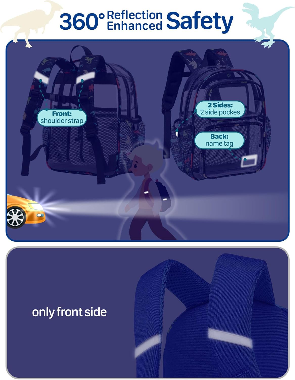 Bagseri 2pcs Clear Backpack for Boys Girls - 15 Inch Clear Bookbag for Kids Aged 3 to 8 Heavy Duty Transparent Backpack for School, Black Dinosaur & Pink Unicorn