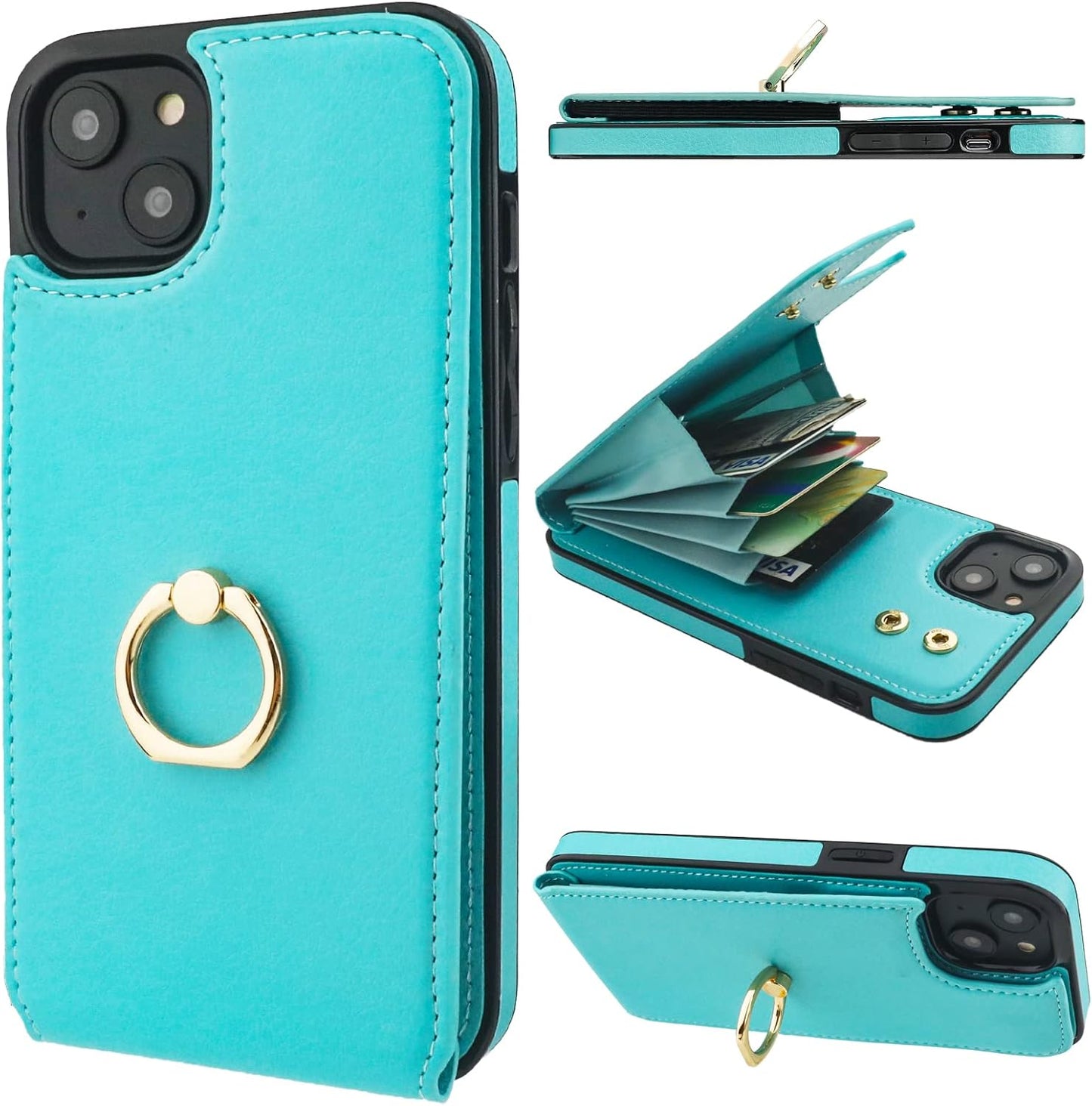 Folosu Compatible with iPhone 14 Plus Case Wallet with Card Holder, 360°Rotation Finger Ring Holder Kickstand, RFID Blocking Leather Protective Double Buttons Shockproof Cover 6.7 Inch Green