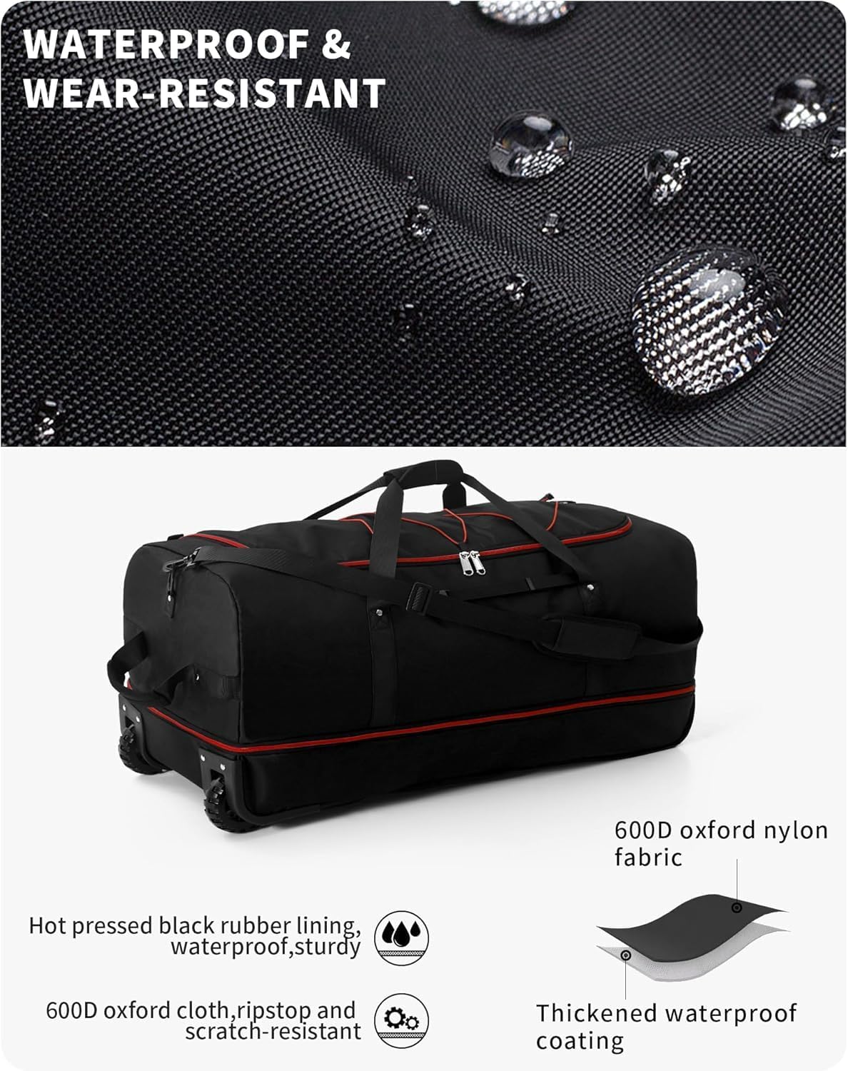 32" Soft-Sided Foldable Wheeled Travel Duffel Bag,Expandable 110L to 140L Rolling Cargo Bag with 2 Wheels and Multiple Pockets1 (Black Red)