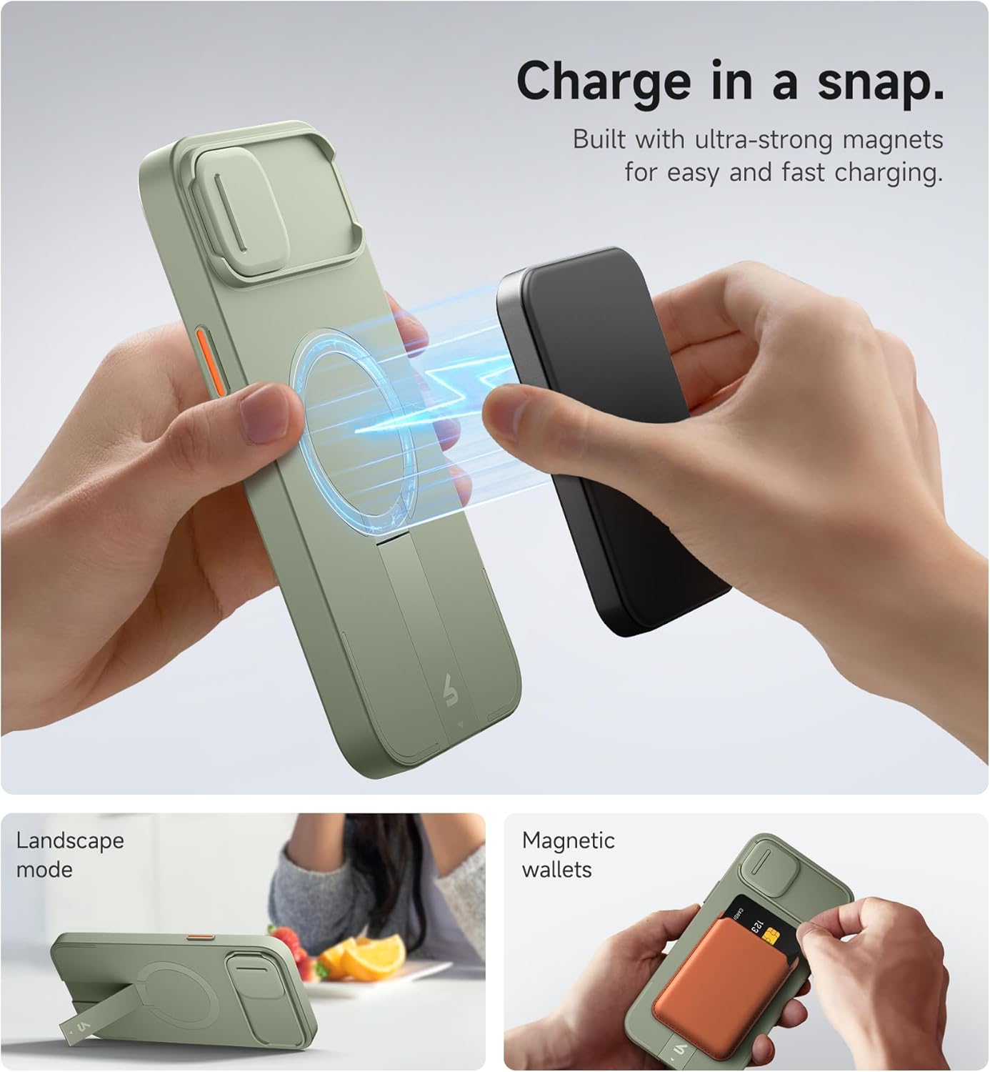 SURITCH for iPhone 14 Plus/15 Plus Case with Magnetic Camera Slide Cover and Adjustable Kickstand