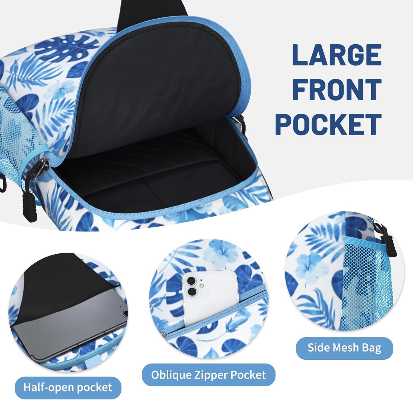 Blue Tropical Leaves Sling Bag Crossbody Chest Bag for Women Men, Water Resistant Lightweight Casual Crossbody Bag with Adjustable Strap, Travel Hiking Daypack Shoulder Backpack