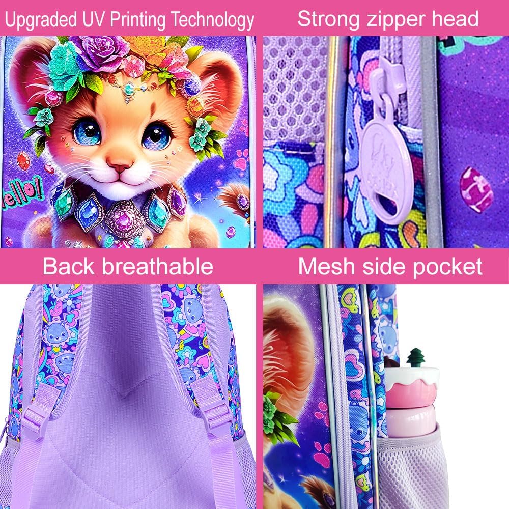 3Pcs Backpack for Girls, 16" Lion Kids Bookbag for Elementary Preschool Kindergarten, School Backpacks with Lunch Box(Purple)