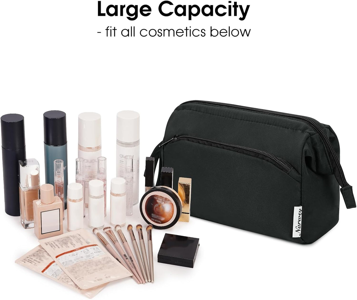 Narwey Makeup Bag Women Wide-open Make up Bag Travel Cosmetic Bag Organizer Toiletry Bag for Cosmetics Toiletries Accessories (Black)