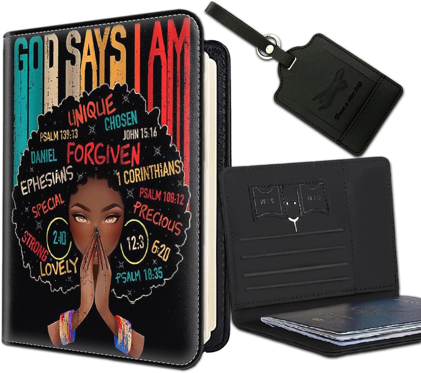 Passport Holder Women Wallet with Luggage Tag, Leather Passport Cover with RFID Blocking, Travel Accessories Multi Card Slot Passport Case for Men，God Says i am an African Girl
