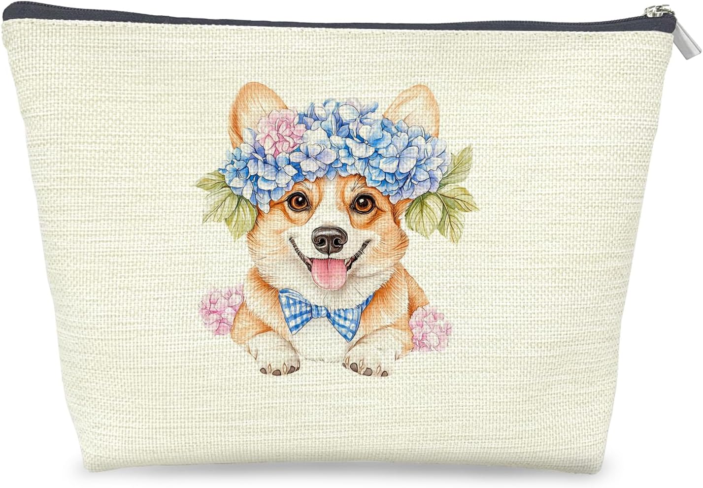 Blue Hydrangea Corgi Makeup Bag Gifts for Women, Corgi Lovers Gifts Cosmetic Bag, Cottagecore Chinoiserie Floral Corgy Dog Zipper Makeup Pouch Travel Toiletry Bags