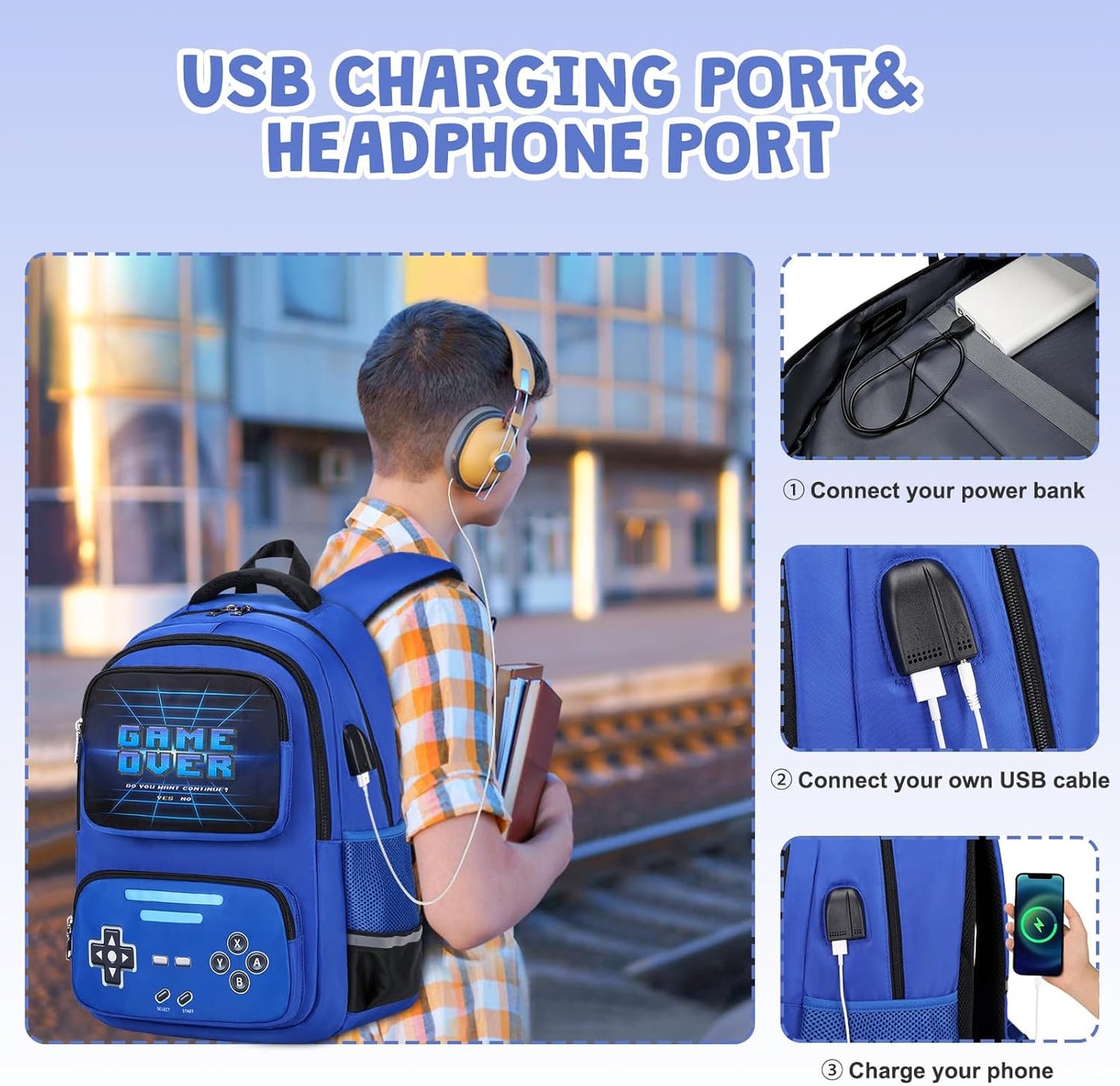 Gamer Backpack for Boys - Cool Luminous School Backpack with Lunch Bag Pencil Case - Kids Boys Backpack Elementary Middle School Book Bags for Teen with USB Charging Port (Blue