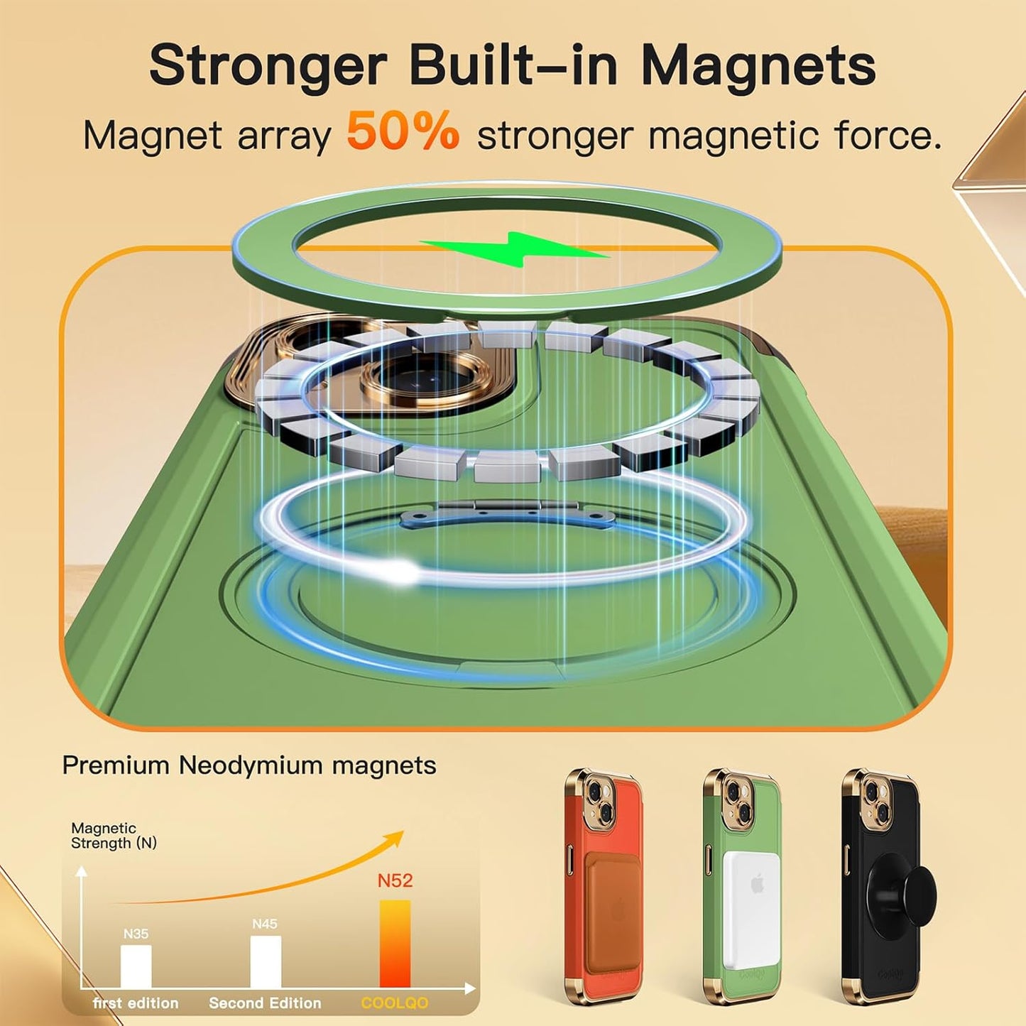 COOLQO for iPhone 14 Case 6.1'' Upgraded 360° Spin Magnetic Stand [Compatible with Magsafe][Military Grade Drop Protection] Shockproof Protective Phone Holder Cover for iPhone 14, Matcha Gold