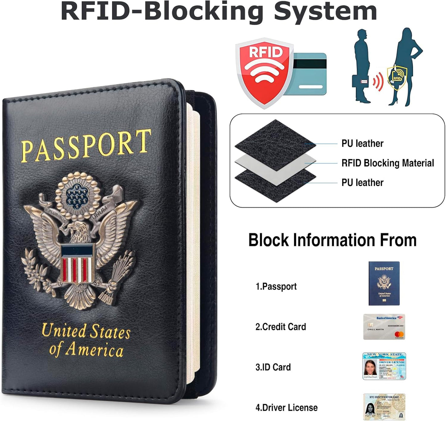 Passport Holder for Travel Men Women, RFID Blocking Passport Cover Leather Passport Wallet With 3D Metal Badge Waterproof Passport Case Travel Wallets Accessories Document Organizer (Black)
