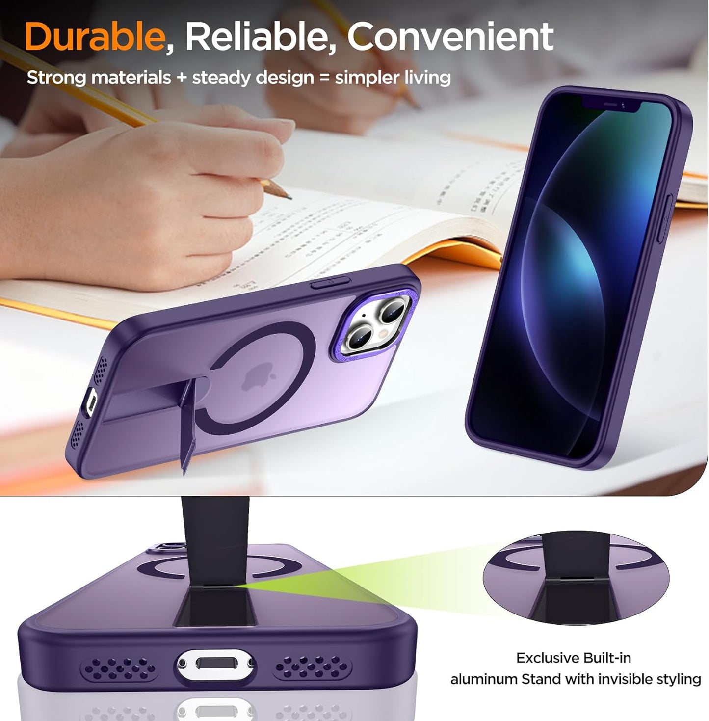 for iPhone 13 Case with Kickstand, [Invisible Stand] Compatible with MagSafe, Anti-Slip Shockproof Military-Grade Protection, Magnetic Slim Translucent Phone Case for iPhone 13 (Purple)