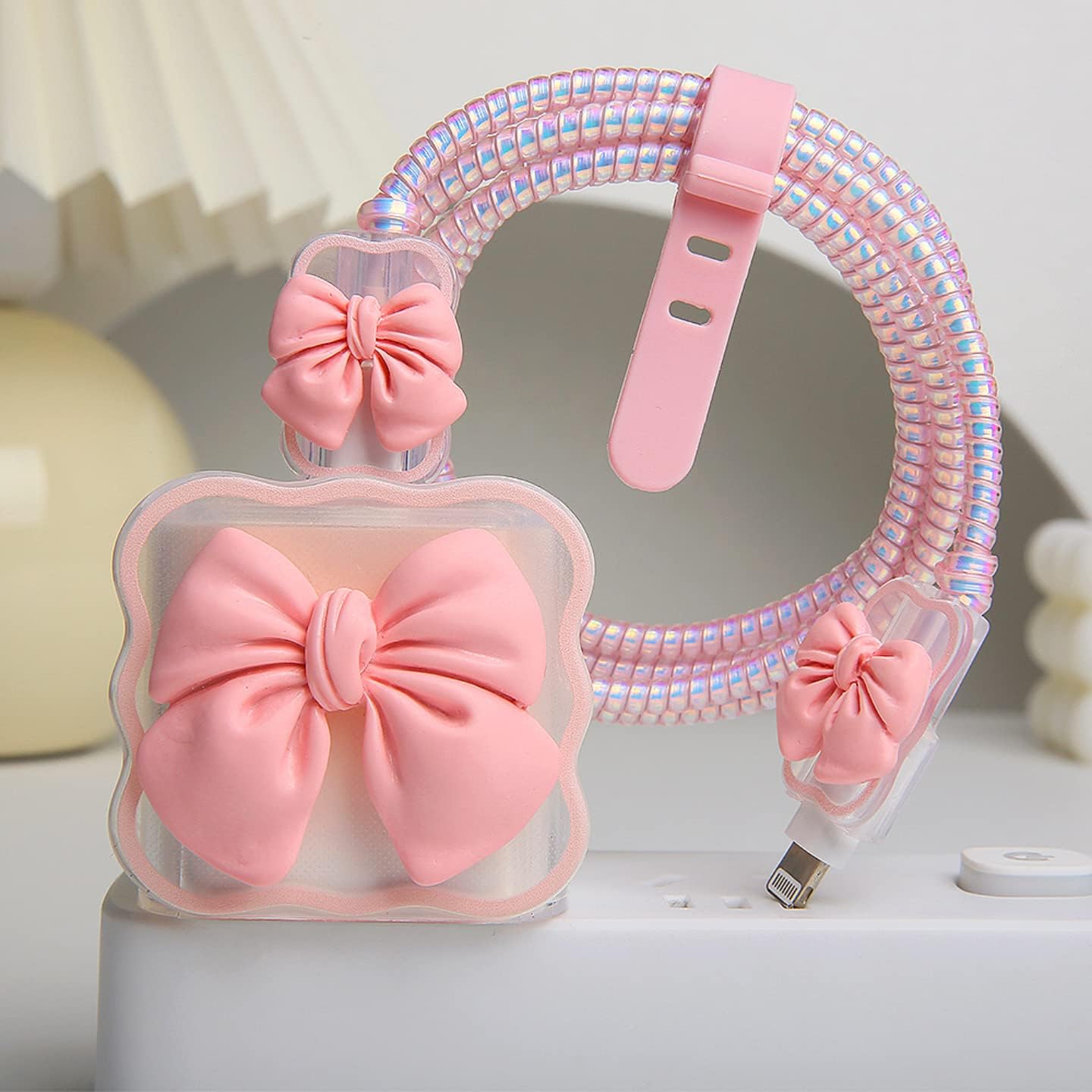 Compatible with iPhone 18W/20W USB-C Charger Cover Cute 3D Bow Tie Design Clear Soft Charger Protector Kawaii Cable Saver for iPhone 11 12 13 14 Pro Max Fast Power Adapter, Pink 2 (5in1)