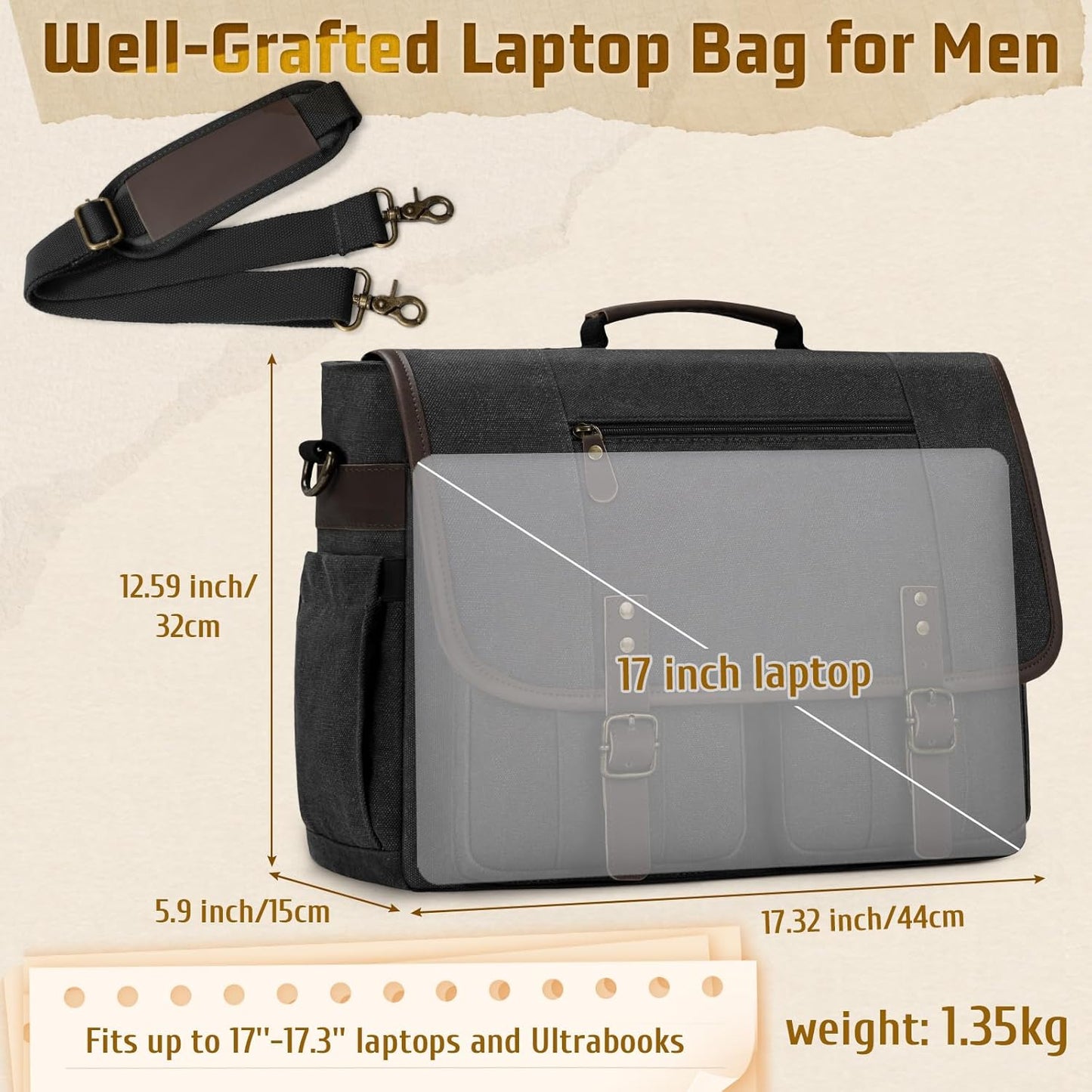 RAINSMORE Mens Messenger Bag 17-17.3 Inch Vintage Canvas Briefcase Water-resistant Large Computer