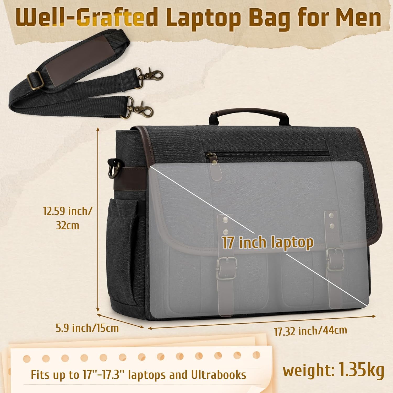 RAINSMORE Mens Messenger Bag 17-17.3 Inch Vintage Canvas Briefcase Water-resistant Large Computer
