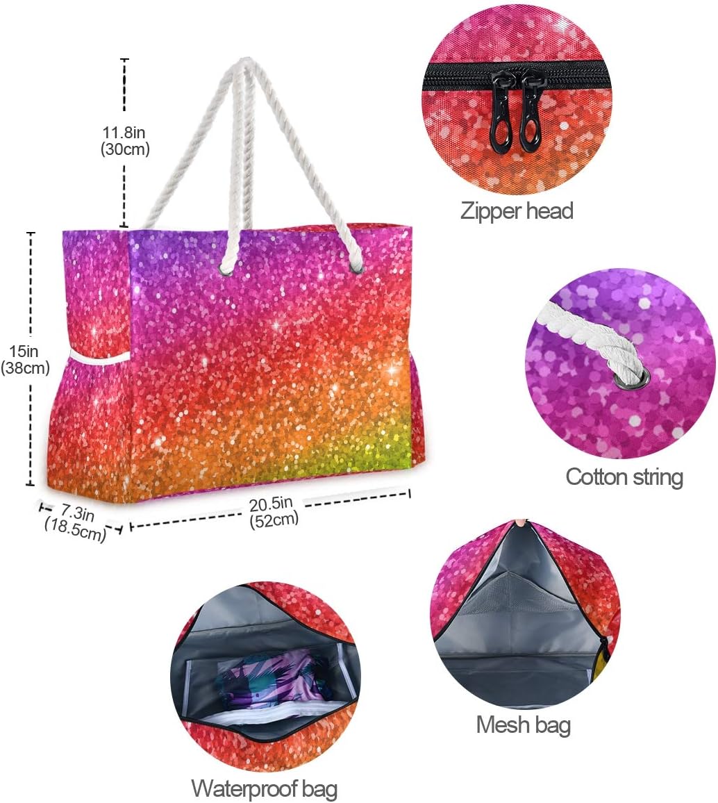 ALAZA Multicolor Glitter Rainbow Gradient Shoulder Tote Bags for Gym Travel Beach, Inner Pockets