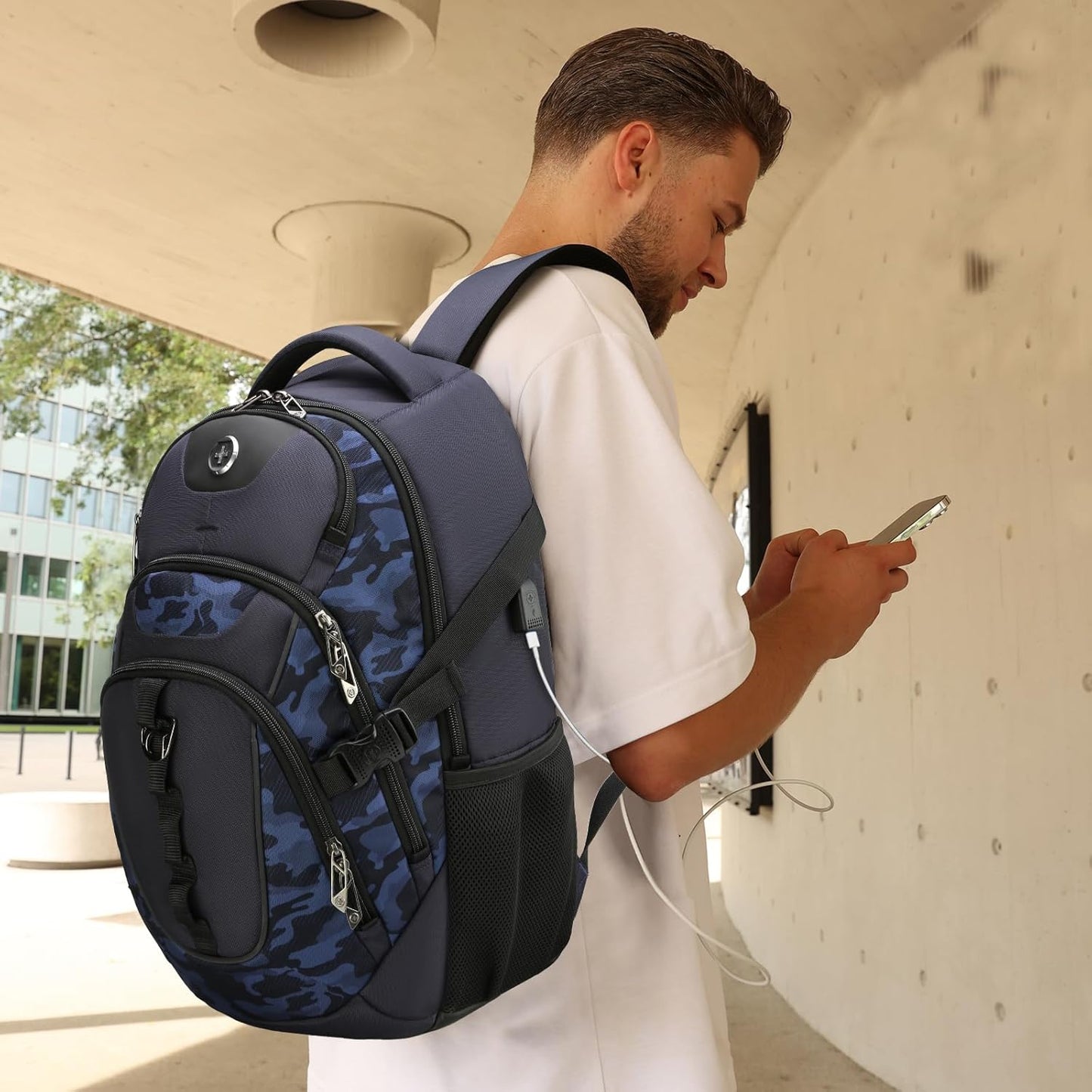 Swissdigital Design Laptop Backpack with USB Charging Port, Travel Backpack Fits 15.6 inches Computer, 31L College School Backpack for Men, Blue Camo | SD803