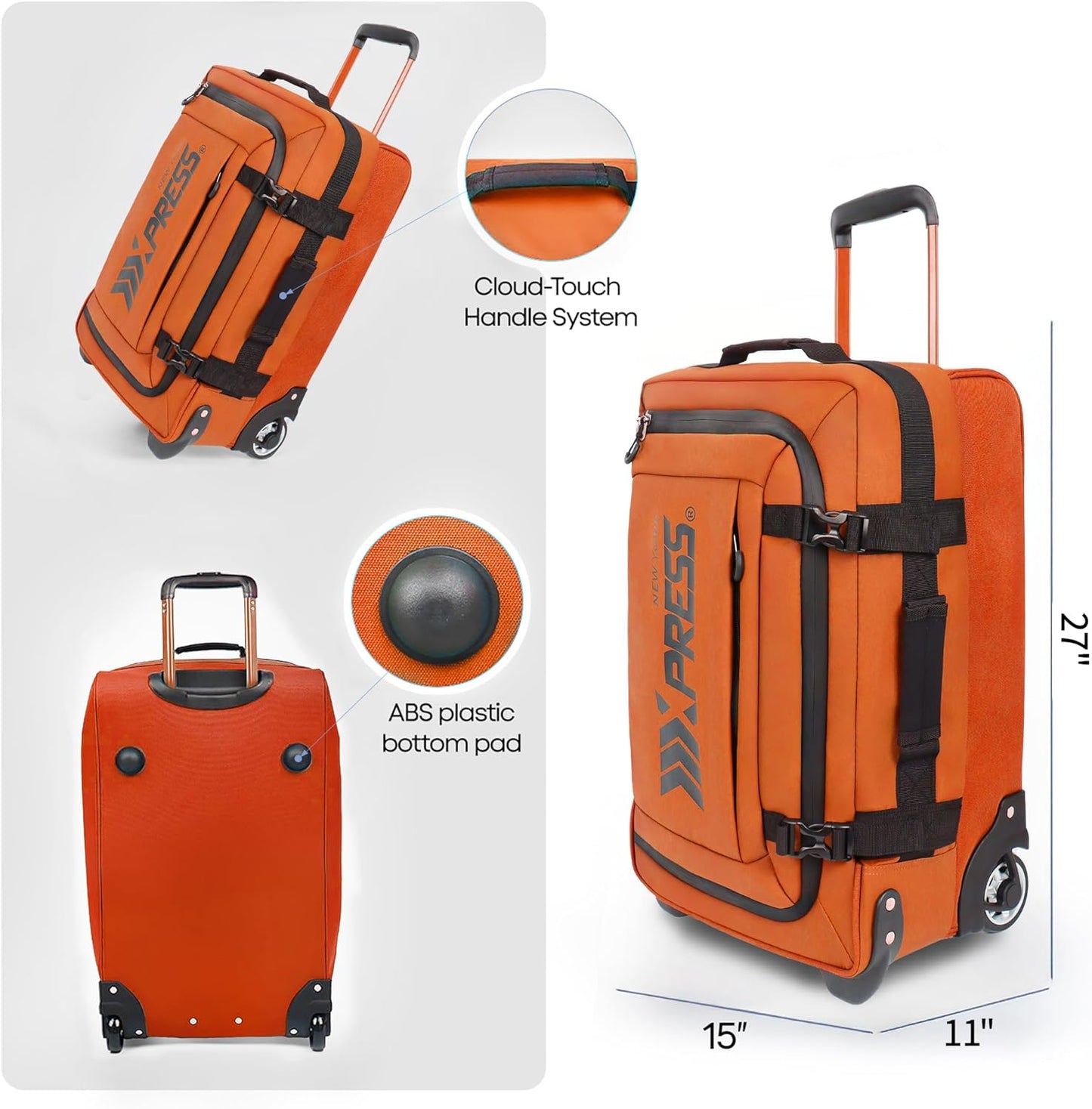 26'' Rolling Duffle Bag with Wheels,Rolling Duffle Bag w/Handle,Carry on Luggage Travel Duffle Bags for Man Women（26,Orange）