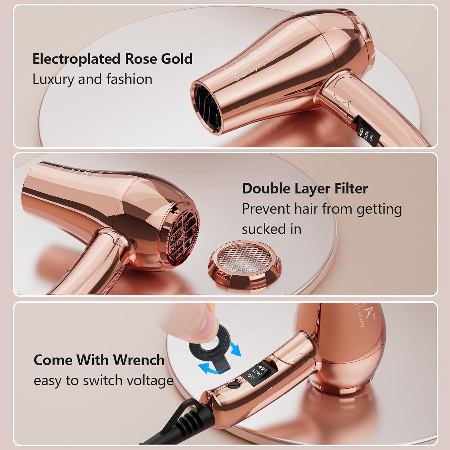 LURA Mini Portable Travel Hair Dryer:Dual Voltage Small Lightweight Blow Dryer with EU Plug,1200W Compact Hairdryer with Folding Handle,with Concentrator&Diffuser Attachment,for Women and Men