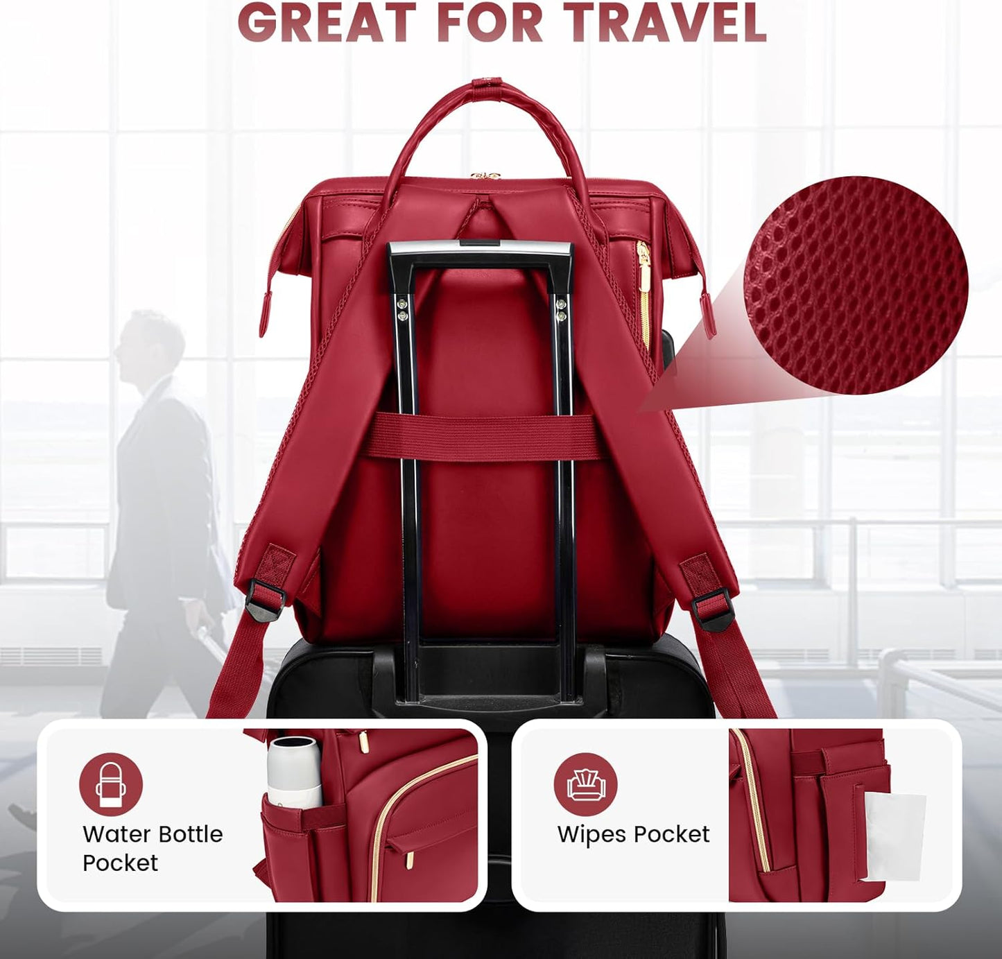 LOVEVOOK Leather Laptop Backpack for Women 15.6 inch,Travel Backpack Purse Nurse Teacher Backpack Computer Laptop Bag,Professional College Business Work Bags Carry On Backpack with USB Port,Chili Red