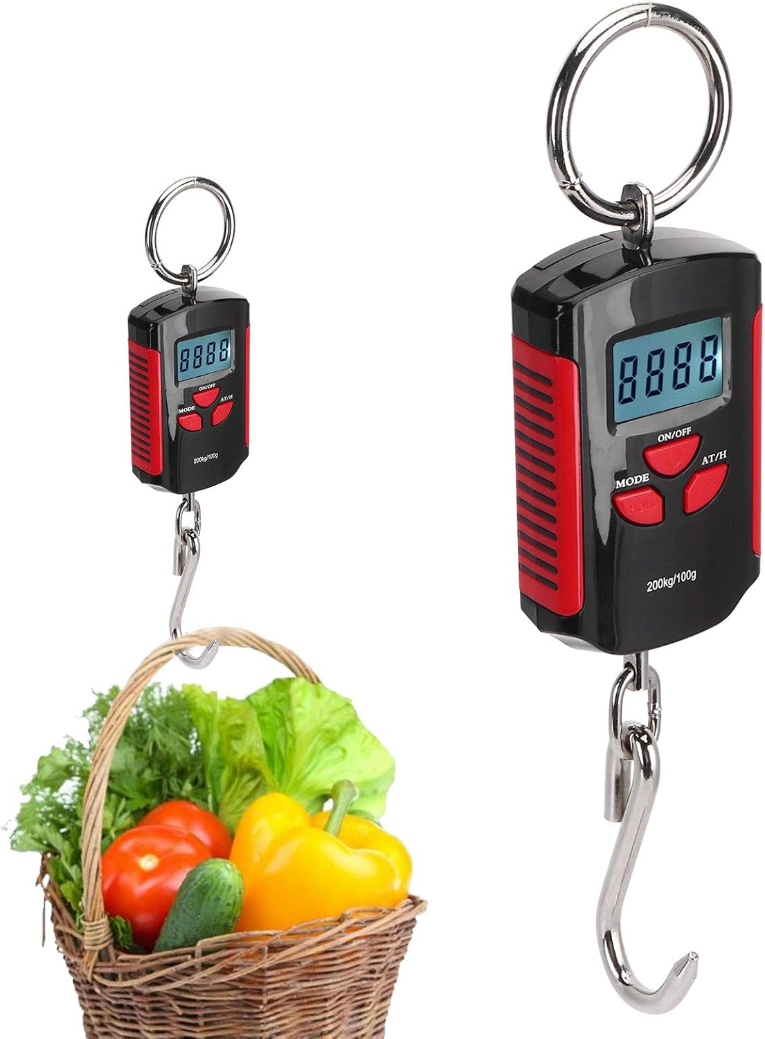 Digital Fish Scale, 200kg Digital Hanging Scale with Hook Backlit LCD Display Travel Accessories for Portable Hanging Baggage (Red)