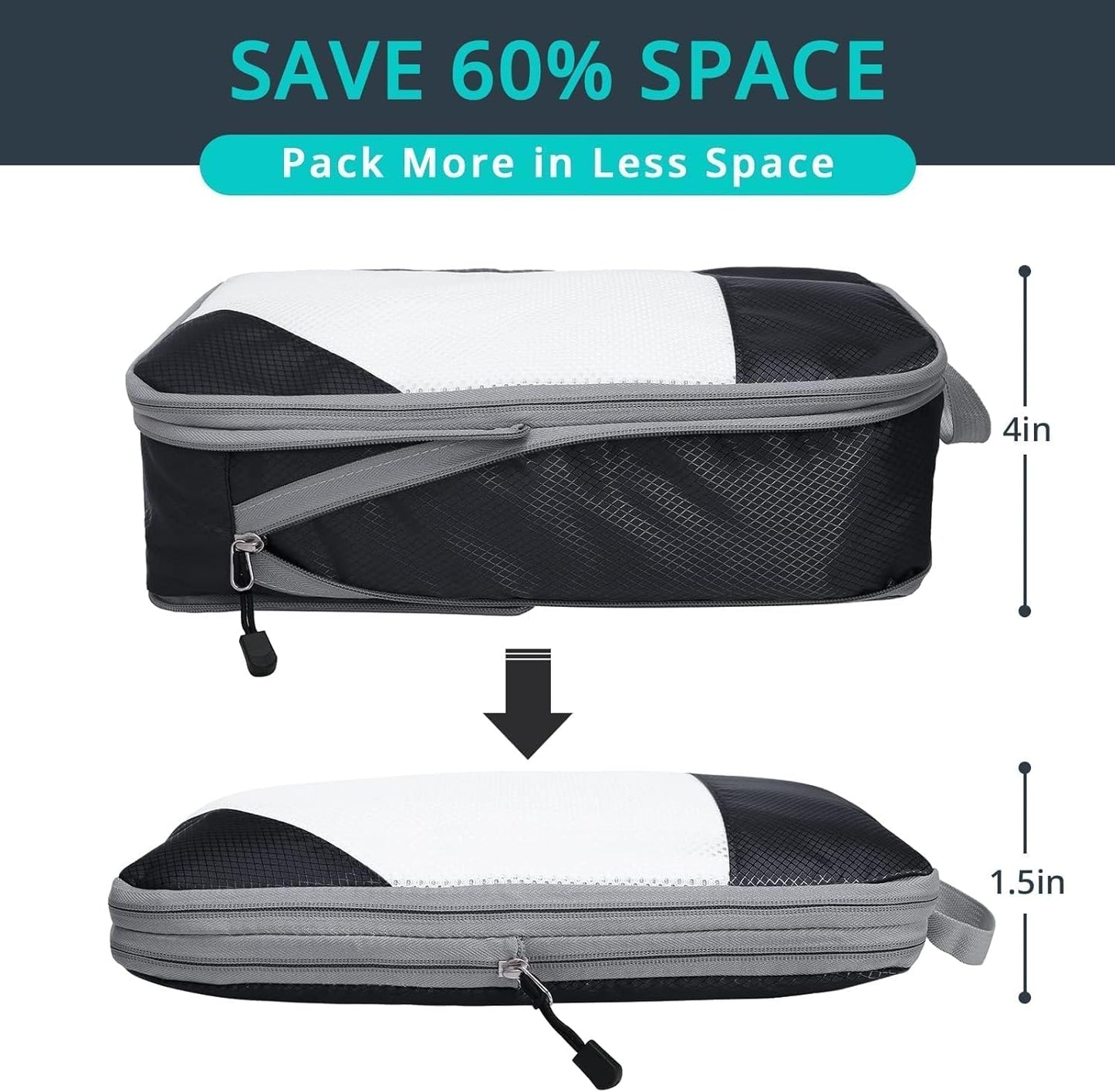 7 Set Compression Packing Cubes for Travel - Compressible, Lightweight, and Space-Saving Packing Cubes, Travel Essentials for Women, Black