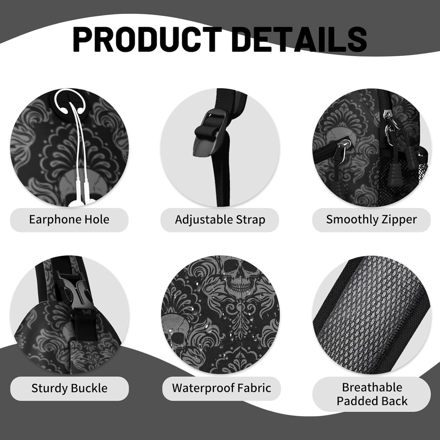 Black Skull Sling Bag Crossbody Chest Bag for Women Men, Water Resistant Lightweight Casual Crossbody Bag with Adjustable Strap, Travel Hiking Daypack Shoulder Backpack