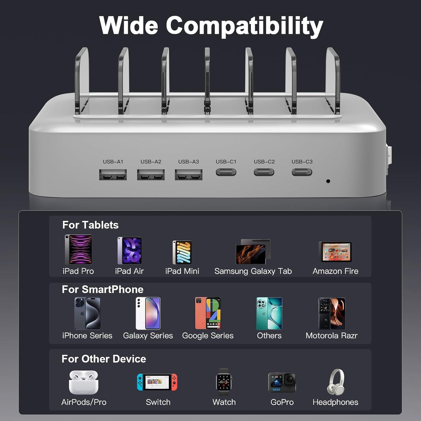 MSTJRY 90W 6-Port USB C Fast Charging Station for Multiple Devices, Multi PD Charger Station for iPhone iPad Tablet Phone, Charging Dock Organizer with Adjustable Dividers for Home Office Classroom