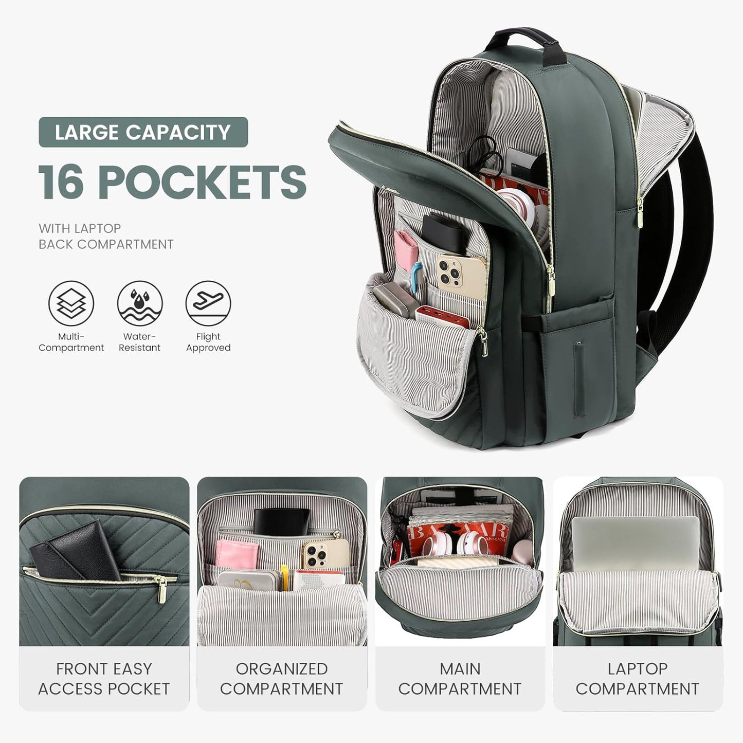LOVEVOOK Laptop Backpack for Women 15.6 inch,Cute Womens Travel Backpack Purse,Professional Laptop Computer Bag,Waterproof Work Business College Teacher Bag Carry on Backpack with USB Port,Grass Green